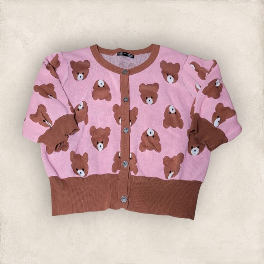 Dazy Pink Brown Teddy Bear Print Cardigan Three Quarter Balloon Sleeve XL Junior